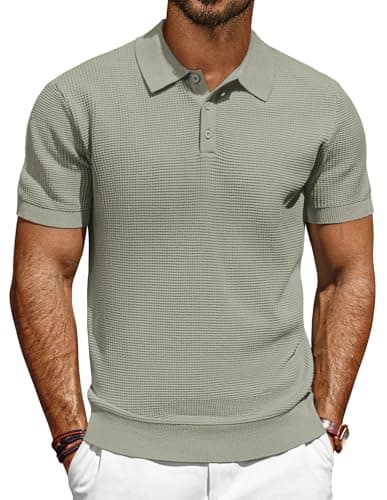 PJ PAUL JONES Mens Knit Polo Shirts Short Sleeve Waffle Knitted Texture Polo Casual Lightweight Golf Shirt Khaki M - Image 1