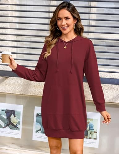 Quenteen Women Hoodies Dress Hooded Sweatshirts Dress Casual Long Sleeve Tunic Dress Oversized Sweatshirts with Pocket A-wine Red - Thumbnail 2