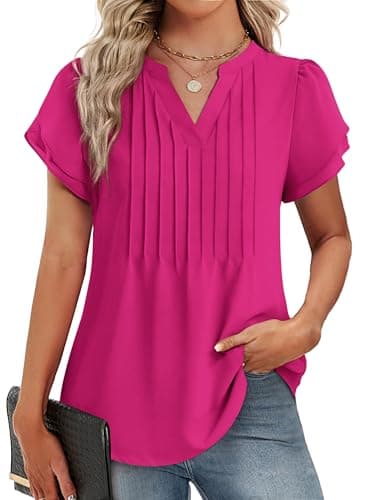 Funlingo Womens Shirts Dressy Casual Petal Short Sleeve Tops V Neck Flowy Elegant Blouses Hot Pink Professional Office Wear Rose Red L - Image 1