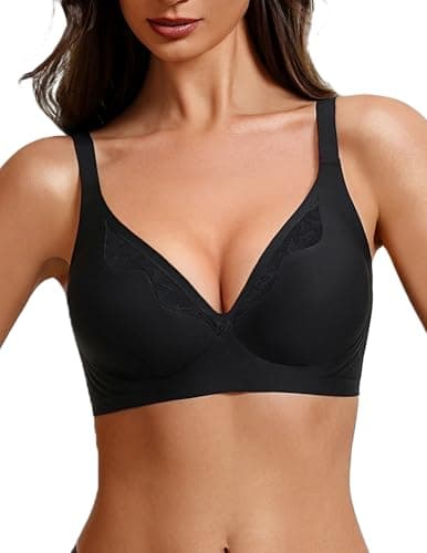 Showyoo Jelly Bras for Women Seamless Bralettes Comfort Wireless Bra V Neck Full Coverage T Shirt Brassiere Black L - Image 1