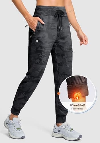 G Gradual Women's Fleece Lined Joggers Hiking Pants 4 Zipper Pockets High Waisted Water Resistant Winter Running Sweatpants, Black Camo, Large - Thumbnail 3