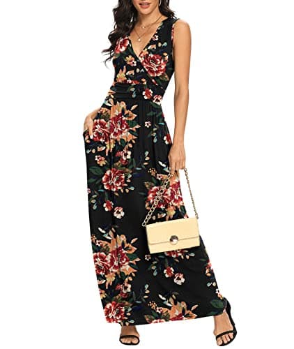 LILBETTER Women's Sleeveless Casual Loose Pocket Maxi Party Long Dresses with Pockets(F Brown Floral Black,X-Large) - Image 1