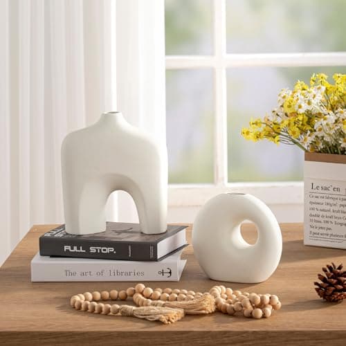 Dobbyby Ceramic Vase Set of 2, Modern Donut Vases for Minimalist Nordic Home Decor, Waterproof Round Vase, Decorative Centerpiece Vases for Living Room, Entryway, Table Decor (02-Matte Cream) - Thumbnail 5