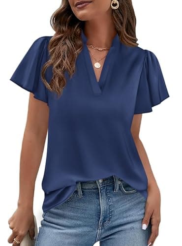 PRETTYGARDEN Women's 2026 Summer Satin Blouses Dressy Casual Ruffle Cap Sleeve V Neck Business Work Cute Tops Spring Outfits (Navy Blue,XX-Large) - Image 1