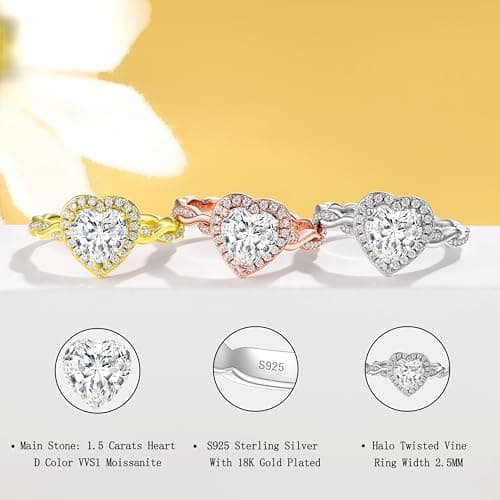 SILVERNANA 1.5ct Heart Cut Moissanite Engagement Ring for Women 925 Sterling Silver Twisted Vine Heart Halo Promise Ring Size 9.5 - Thumbnail 2