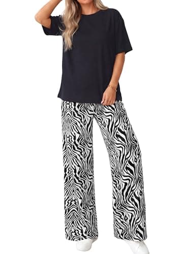 PRETTYGARDEN Women's 2 Piece Lounge Sets Summer Casual Short Sleeve Tops Leopard Flowy Pants Pajamas Vacation Travel Outfits (White Zebra Print,XXL) - Image 1