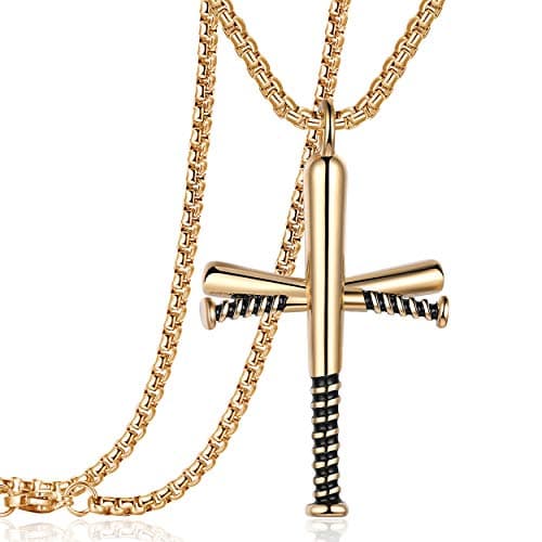 Rehoboth Baseball Bat Cross Pendant Necklace for Women Men With 24 Inch Stainless Steel Chain Gold - Image 1