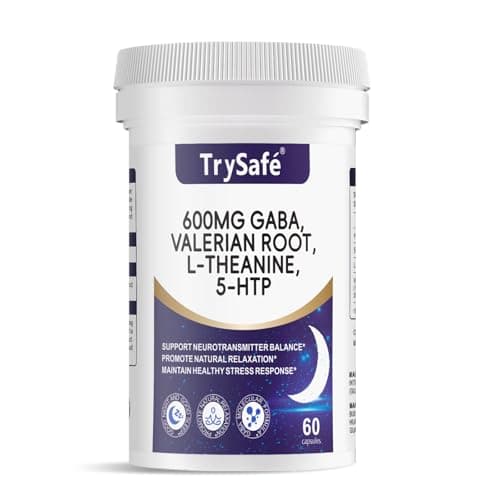 TrySafe 600mg GABA Sleep Aid* for Adults with 200mg Valerian Root, 100mg L-theanine, 60mg 5-HTP | Helps The Body Ease Into Sleep* & Maintain Deep Restful Sleep*, 60 Capsules, 30 Day Supply