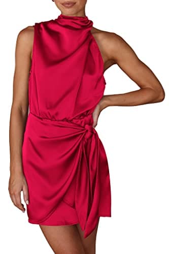 PRETTYGARDEN Women's Short Formal Satin Dress Summer Sleeveless Mock Neck Tie Waist Cocktail Party Dresses (Red,XX-Large) - Image 1