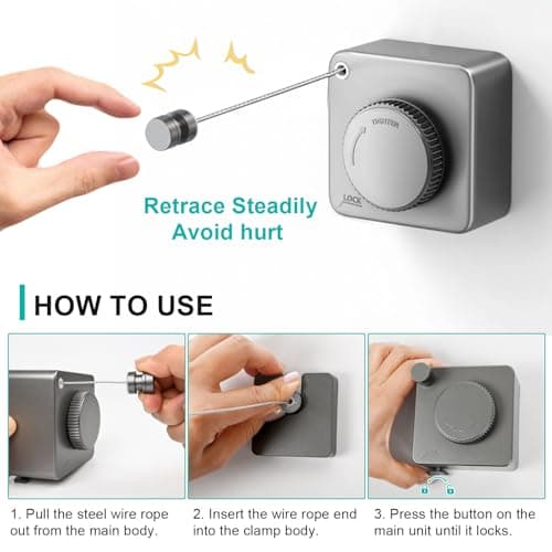 UOEPOWA Retractable Clothesline 15ft, Space Saving Heavy Duty Drying Rope, Anti-Sag Stainless Steel for Indoor Outdoor Balcony Bathroom (Light Gray) - Thumbnail 4