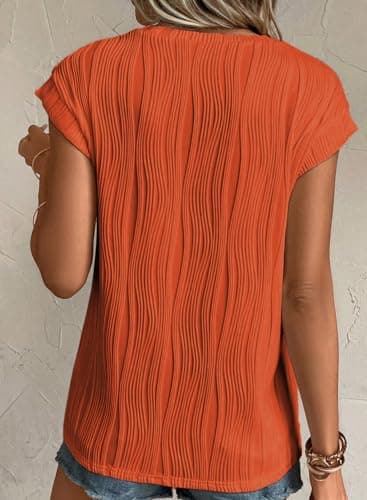 EVALESS Women's 2026 Spring Summer Short Sleeve T Shirts Fashion Trendy Casual Round Neck Knit Textured Tops Tunic Blouses Clothes Orange XX-Large - Thumbnail 4