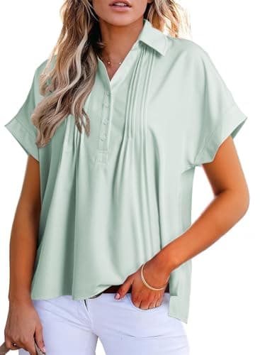 Dokotoo Plus Size Tops for Women Dressy Casual Chiffon Blouse Short Sleeve Shirts for Women Collared V Neck Work Office Button Down Shirt Solid Loose Fit T-Shirts Mist Green Polo Shirts XX-Large - Image 1