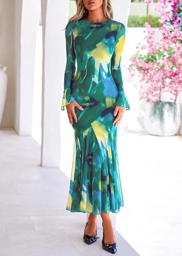 Lazysmile Women's Long Sleeve Floral Maxi Dresses Fall Formal Crewneck Bodycon Mesh Ruffle Wedding Guest Cocktail Party Dress Green - Thumbnail 5