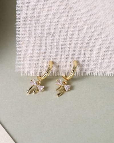 Dangle Earrings for Women 14K Gold Plated Cubic Zirconia Hoop Earrings Dainty Bow Diamond Drop Earring Wedding Jewelry for Brides - Thumbnail 5
