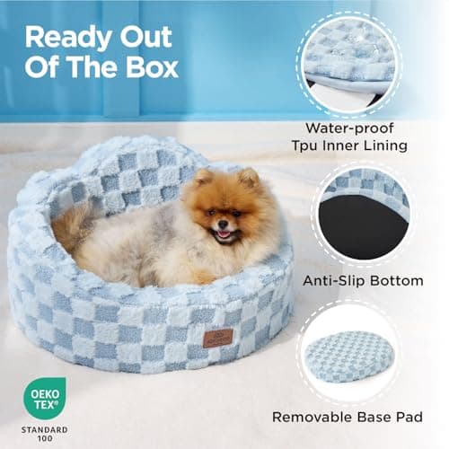 Joydeco Cloud Dog Bed for Small Dogs & Cats, Washable Pet Bed with Orthopedic Foam and Removable Checkered Plush Pad, Non-Slip Bottom for Indoor Puppies and Kittens, 22x20 Inch, Light Blue - Thumbnail 4