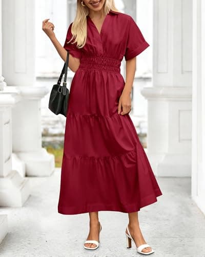 BTFBM Wedding Guest Dresses for Women Beach Fashion Casual Short Sleeve V Neck Solid Spring Summer Boho Maxi Dress (Wine Red,Medium) - Thumbnail 5