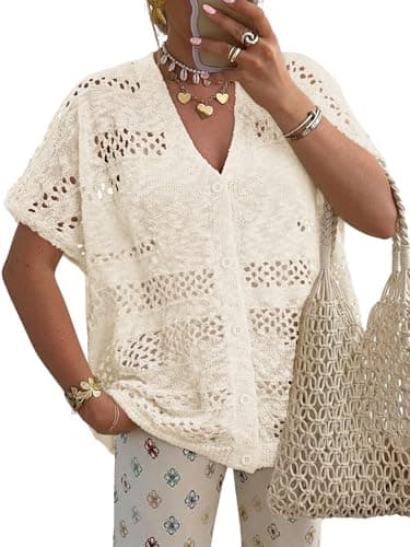 KISSMODA Womens Plastic Button Hollow Out Crochet Cardigan Light Apricot Oversized Loose Boho Summer Beach Picnic Cover-Up L - Image 1