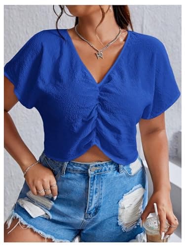 MakeMeChic Women's Plus Size Ruched Front Short Sleeve Shirts Casual V Neck Crop Top Blouse Royal Blue 0XL - Thumbnail 3