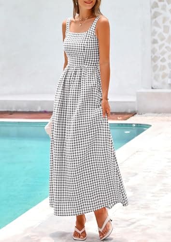 PRETTYGARDEN Women's 2026 Summer Spaghetti Strap Maxi Dresses Plaid Square Neck A Line Casual Beach Vacation Long Sundress (Grey,XX-Large) - Thumbnail 4