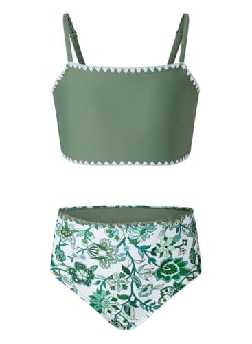 blibean Tween Girls Swimsuit Teen Two Piece Bathing Suit Little Kids Hawaii Bikini Sets Junior High Waisted Swimwear Floral Boho Swimming Suits Beach Traje Baño Niñas Size 6-7 Year Old Sage Green - Image 1