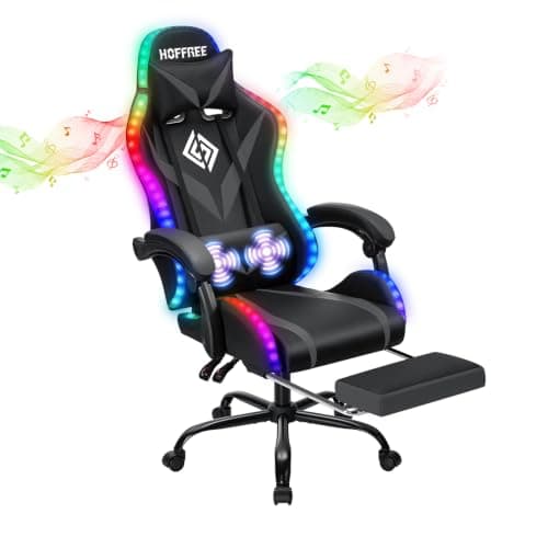 HOFFREE Gaming Chair Massage with Bluetooth Speakers and Led Lights Ergonomic Computer Gaming Chairs with Footrest RGB Video Game Chair with High Back Lumbar Support Grey and Black - Thumbnail 3
