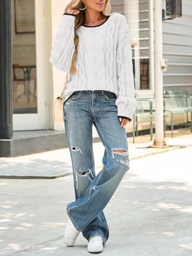 Saodimallsu Womens Oversized Sweater Casual Cable Knit Color Block Crewneck Pullover 2025 Fall Winter Chunky Trendy Sweaters White - Thumbnail 5