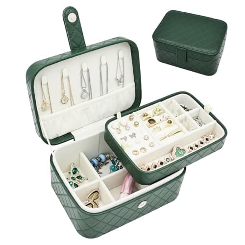 Cuifdem Jewelry Travel Case, 2-Layer Jewelry Box Organizer Medium Jewelry Travel Box, Portable Faux Leather Jewellery Storage Boxes with Argyle for Women, Daily Jewellery Case Home Use (Dark green) - Image 1