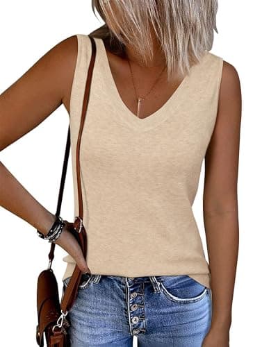 Arach&Cloz 2026 Women's Summer Tank Tops Spring Wool Blend Sleeveless Vest V Neck Ribbed Knit Soft Fall Cashmere Sweater Basic Blouse Fashion Shirts Business Casual Teacher Outfits Trendy Khaki L - Image 1