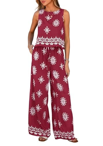 PRETTYGARDEN Women's 2026 Summer 2 Piece Lounge Sets Boho Floral Tank Tops Flowy Wide Peg Pants Travel Beach Vacation Outfits (Floral Wine Red White,Medium) - Image 1