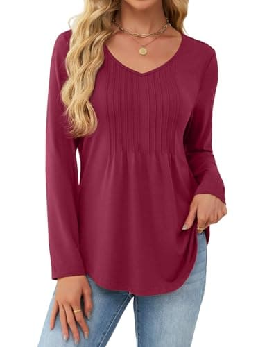 JUSTFASHIONNOW Winter Tops for Women V Neck Long Sleeve Shirts Pleated Plus Size Tunic Tops Peplum Dressy Blouses Women's Christmas Work Clothes Trendy 2025 (Wine Red, XX-Large) - Image 1