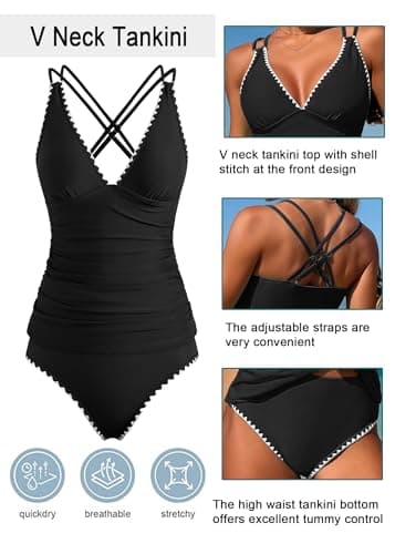 Jillumi Women's Tankini Swimsuits Color Block Tummy Control V Neck Push Up Swim Top High Waisted Swim Bottom with Cheeky Shorts (Black XL) - Thumbnail 4