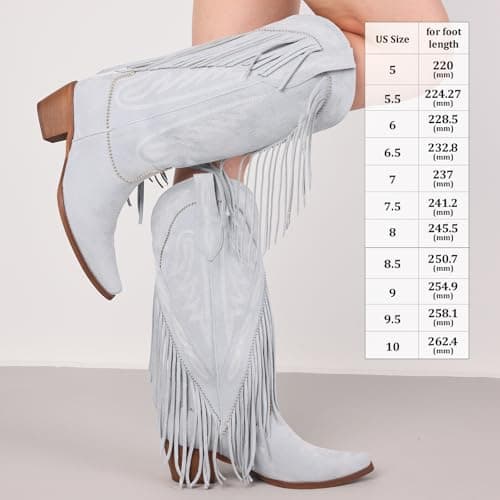 Grakihily Cowgirl Boots for Women Retro Pointed Toe Pull On Block Chunky Heel Embroide Tassel Country Concert Outfits Mid Calf Western Fringe Cowboy Boots,Skyblue Size 10 - Thumbnail 5