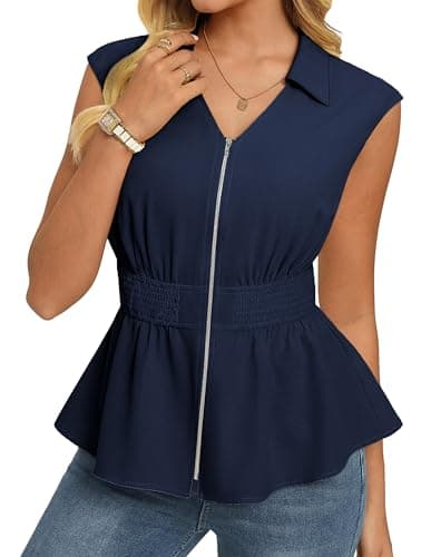 GRACE KARIN Womens Peplum Tops Business Casual,Short Sleeve Work Blouses Summer,Zipper V Neck Shirts Cinched Smocked Waist, Navy Blue, Small - Image 1