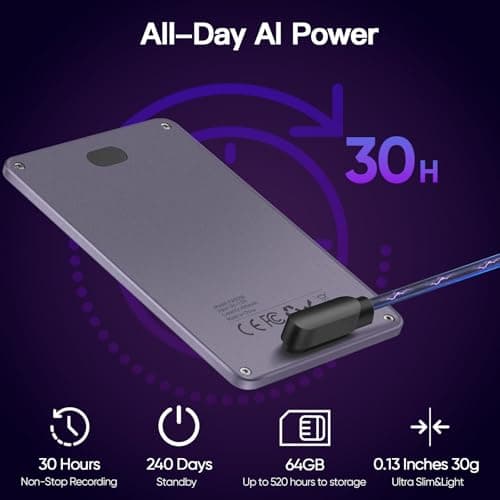 AI Voice Recorder, Note Voice Recorder with AI Transcribe & Summarize, APP Control, Support 118 Languages, 64GB Memory, Magnetic Case, Portable Audio Recorder for Call Lectures, International Meeting - Thumbnail 6