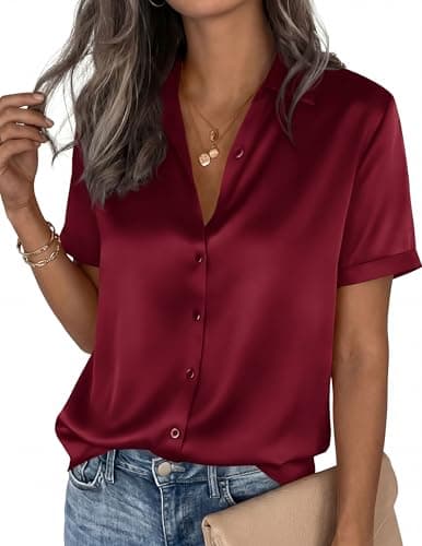 PRETTYGARDEN Womens 2026 Summer Button Down Shirts Short Sleeve Work Tops Dressy Satin Blouses Spring Business Casual Outfits (Burgundy,XX-Large) - Thumbnail 4