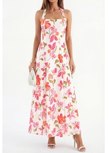 KIRUNDO Women's Summer Sleeveless Halter Floral Maxi Dress 2026 Beach Wedding Guest Cocktail Mesh Flowy A Line Long Sundress(White, Small) - Thumbnail 4