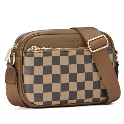 BOSTANTEN Quilted Crossbody Bags for Women Vegan Leather Purses Small Shoulder Handbags with Wide Strap Checkered Coffee - Image 1