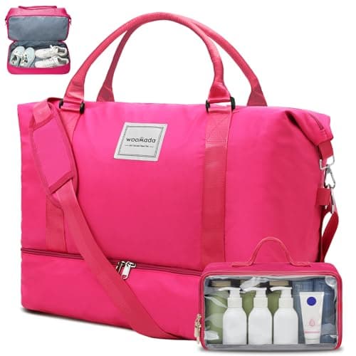 WOOMADA Weekender Overnight Bag for Women, Carry on Shoulder Travel Duffel with Shoes Compartment,Gym Bag with Toiletry Bag(hot pink) - Image 1