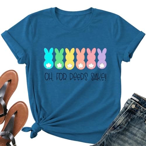 Easter Teacher T-Shirt for Women Teaching My Favorite Peeps Shirt Funny Bunny Rabbit Graphic Tee Tops B-Blue - Image 1