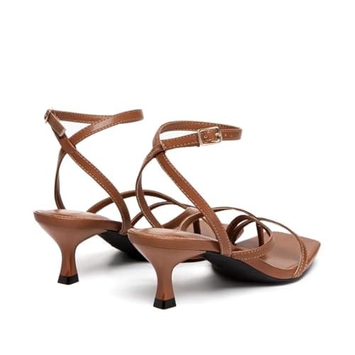 Athlefit Women's Strappy Kitten Heels Square Open Toe Low Heels Ankle Strap Fashion Party Dress Thong Heeled Sandals Dark Brown Size 8.5 - Thumbnail 5
