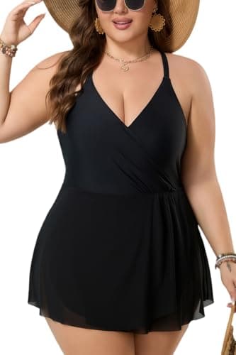 COCOPEAR Plus Size Swimsuit for Women Swim Dress Skirt Tummy Control Swimsuits V Neck Swimwear Adjustable Shoulder Straps Black - Image 1
