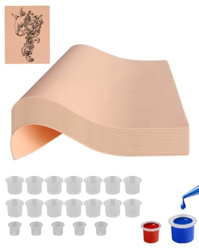 Lady Up Tattoo Skin Practice Kit, Tattoo Practice Skins Set For Beginners and Artists, 20 Fake Skin and 300 Ink Caps Set Mixed Pigment Cups (200*Small, 100*Large) - Image 1