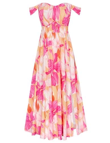 GRACE KARIN Summer Floral Dress for Women 2026,Off the Shoulder Smocked Bridesmaid Dresses,Formal Baby Shower Maxi Dresses White Rose Red XXL - Thumbnail 4