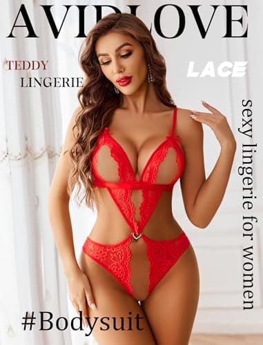 Avidlove Women Lingerie Lace Bodysuit Teddy Deep V Neck One Piece Babydoll Red XXL - Thumbnail 3