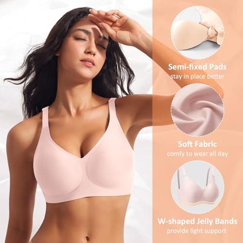 Wireless Jelly Bras for Women V Neck Seamless No Underwire Tshirt Bras Comfortable Padded Bralettes Everyday Bra with Support(A1#Pink(v Neck),Large) - Thumbnail 3