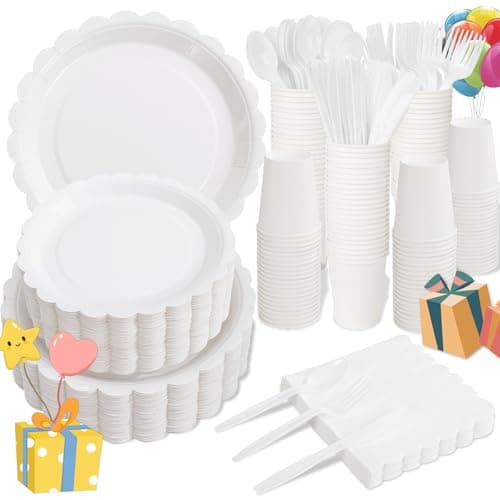 LIYH 350 Pcs White Paper Plates and Napkins 50 Guest Party Supplies Include White Scalloped Disposable Paper Plates Cocktail Napkins Cups Cutlery for Baby Shower,Birthday - Image 1