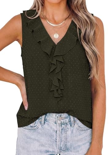 PRETTYGARDEN Womens Tank Tops 2026 Summer Dressy Casual Blouses Sleeveless Ruffle V Neck Swiss Dot Button Down Work Shirts (Army Green,Medium) - Image 1