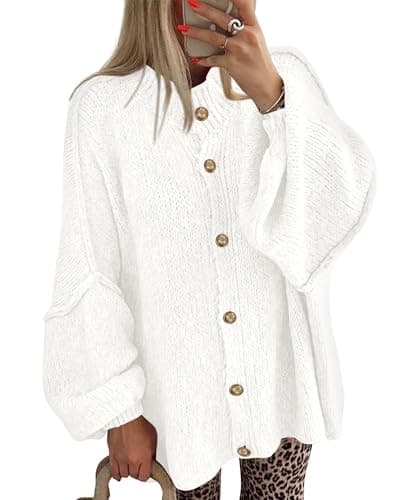 BTFBM Cardigan Sweaters for Women 2026 Fall Clothes Lantern Long Sleeve Button Open Front Chunky Knit Oversized Sweater(White, Small) - Image 1