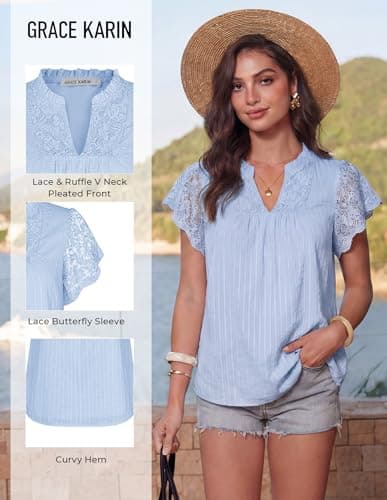 GRACE KARIN Lace Short Sleeve Tops Flowy,Dressy Casual Cotton Blouses Eyelet,V Neck Dress Shirts Trendy Clothing Summer 2026 Light Blue - Thumbnail 4