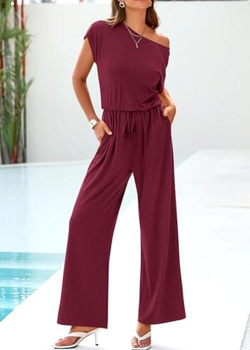 KIRUNDO Womens Jumpsuit 2026 Casual Summer Loose One Piece Off Shoulder Elastic Waist Wide Leg Long Romper with Pockets(Wine Red, X-Large) - Thumbnail 3